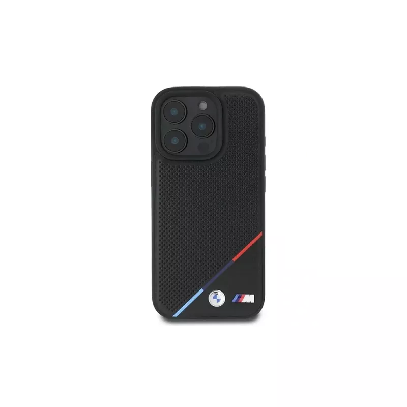 BMW M Perforated Tricolor Line pevné puzdro pre iPhone 16 Pro 6,3 palca - čierne MagSafe