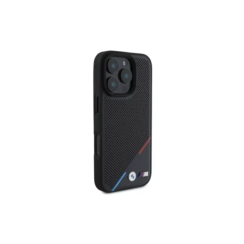 BMW M Perforated Tricolor Line pevné puzdro pre iPhone 16 Pro 6,3 palca - čierne MagSafe