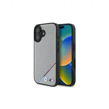 BMW M Perforated Tricolor Line MagSafe pevné puzdro pre Apple iPhone 16 6,1 palca - sivé