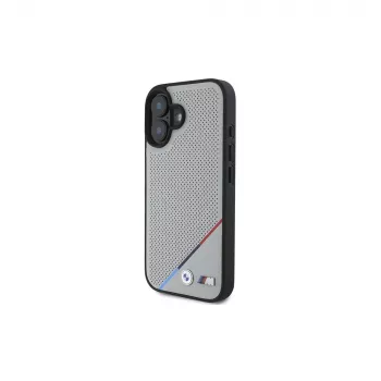 BMW M Perforated Tricolor Line MagSafe pevné puzdro pre Apple iPhone 16 6,1 palca - sivé