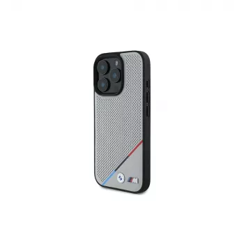 BMW M Perforated Tricolor Line pevné puzdro pre Apple iPhone 16 Pro 6,3 palca sivé MagSafe