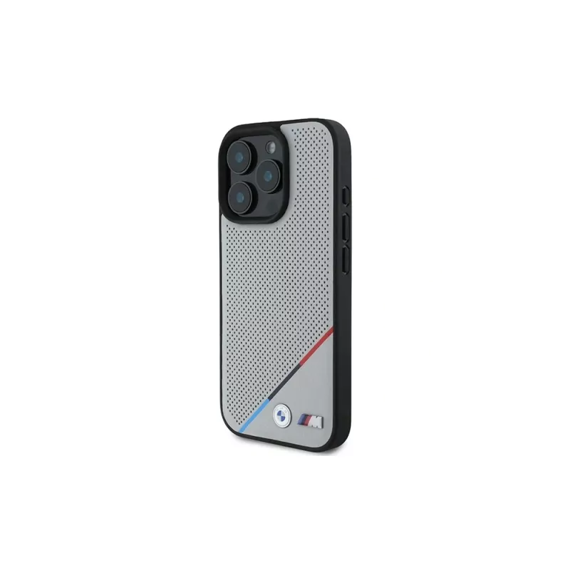 BMW M Perforated Tricolor Line pevné puzdro pre Apple iPhone 16 Pro 6,3 palca sivé MagSafe