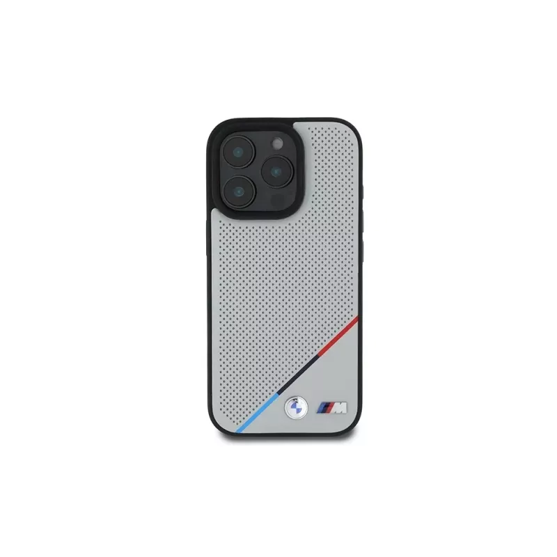 BMW M Perforated Tricolor Line pevné puzdro pre Apple iPhone 16 Pro 6,3 palca sivé MagSafe