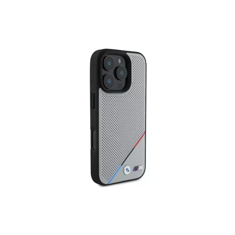 BMW M Perforated Tricolor Line pevné puzdro pre Apple iPhone 16 Pro 6,3 palca sivé MagSafe