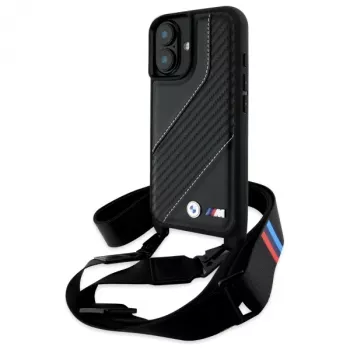BMW M Edition Carbon Stripe & Strap pevné puzdro pre iPhone 16 6,1 palca - čierne