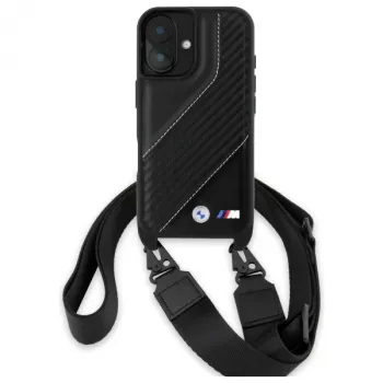 BMW M Edition Carbon Stripe & Strap pevné puzdro pre iPhone 16 6,1 palca - čierne
