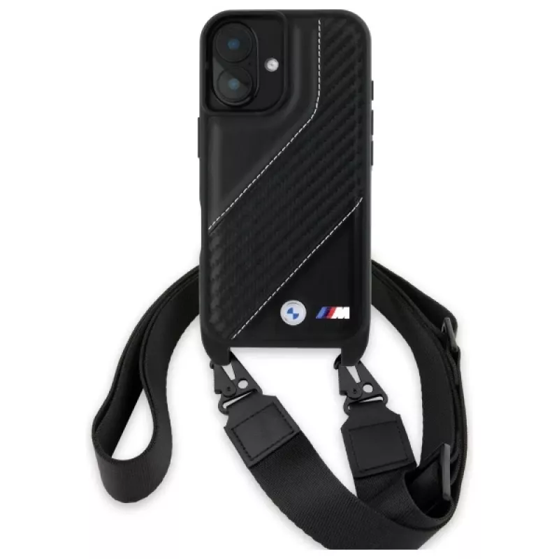 BMW BMHCP16M23PSCCK iPhone 16 Plus 6.7 čierne pevné puzdro M Edition Carbon Stripe & Strap
