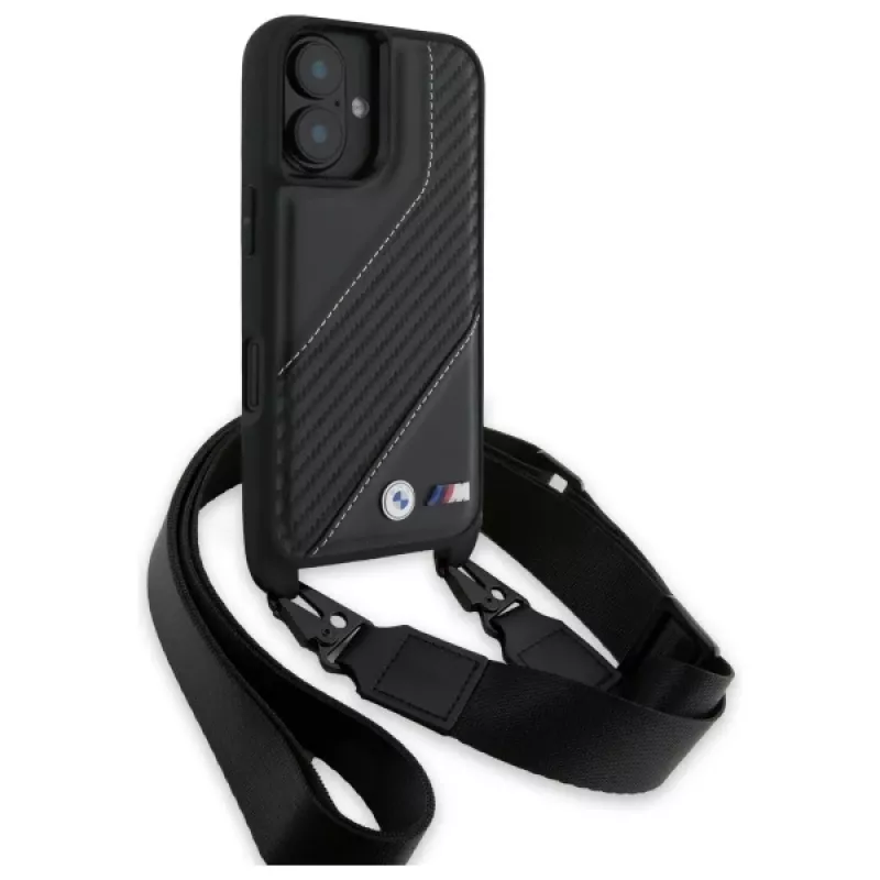BMW BMHCP16M23PSCCK iPhone 16 Plus 6.7 čierne pevné puzdro M Edition Carbon Stripe & Strap