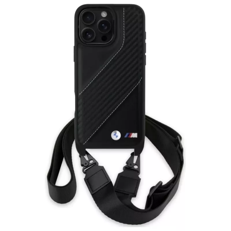 BMW M Edition Carbon Stripe & Strap pevné puzdro pre Apple iPhone 16 Pro Max 6,9 palca čierne