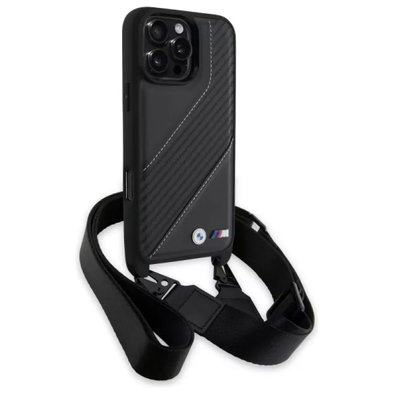 BMW M Edition Carbon Stripe & Strap pevné puzdro pre Apple iPhone 16 Pro Max 6,9 palca čierne