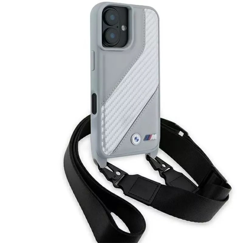 BMW BMHCP16S23PSCCG iPhone 16 6,1 palca sivé pevné puzdro M Edition Carbon Stripe & Strap