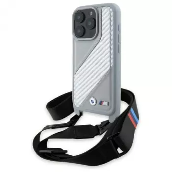BMW M Edition Carbon Stripe & Strap pevné puzdro pre Apple iPhone 16 Pro 6,3 palca - sivé