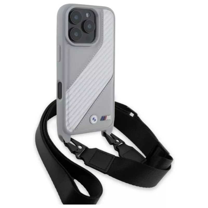 BMW M Edition Carbon Stripe & Strap pevné puzdro pre Apple iPhone 16 Pro 6,3 palca - sivé