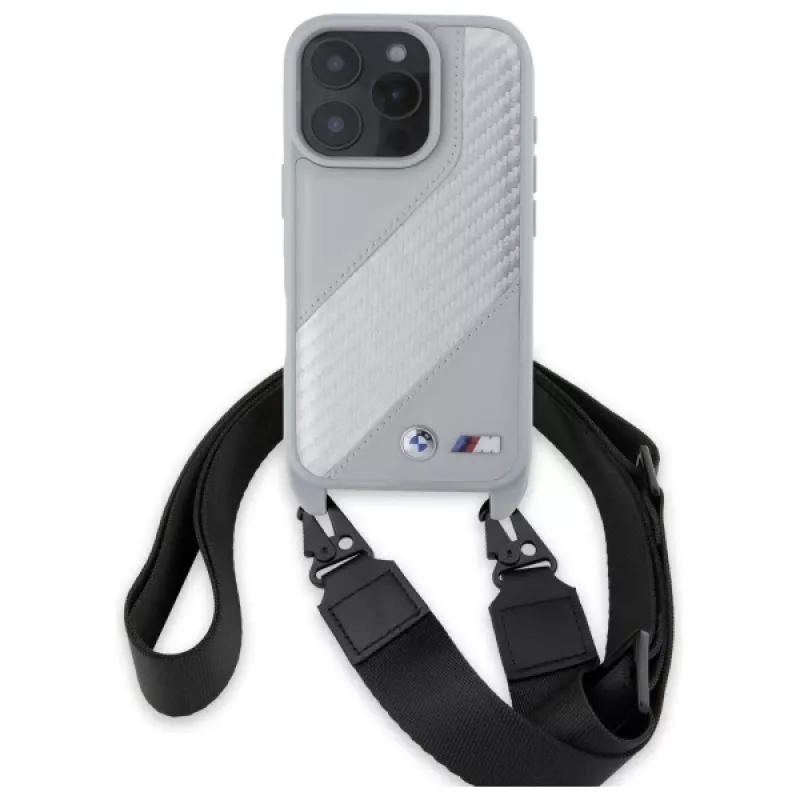 BMW M Edition Carbon Stripe & Strap pevné puzdro pre iPhone 16 Pro Max 6,9 palca sivé