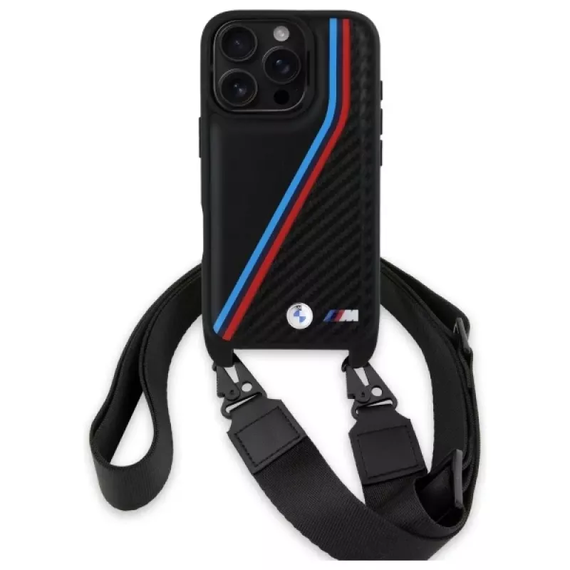 BMW M Edition Carbon Tricolor Lines & Strap pevné puzdro pre iPhone 16 Pro 6.3 čierne
