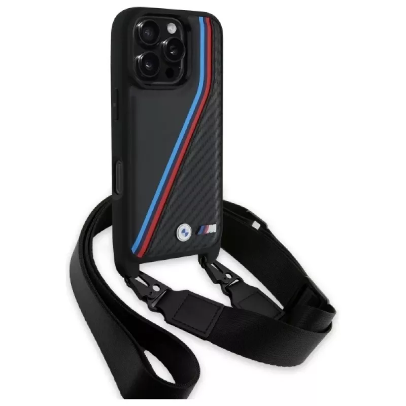 BMW BMHCP16X23PSVTK iPhone 16 Pro Max 6,9 palca čierne pevné puzdro M Edition Carbon Tricolor Lines & Strap