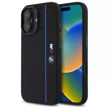 BMW BMHMP16S23SHEB iPhone 16 6,1 palca čierne silikónové pevné puzdro Hexagon Blue Line MagSafe