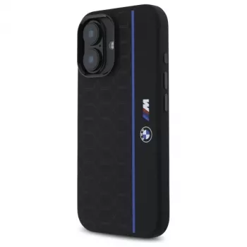 BMW BMHMP16S23SHEB iPhone 16 6,1 palca čierne silikónové pevné puzdro Hexagon Blue Line MagSafe