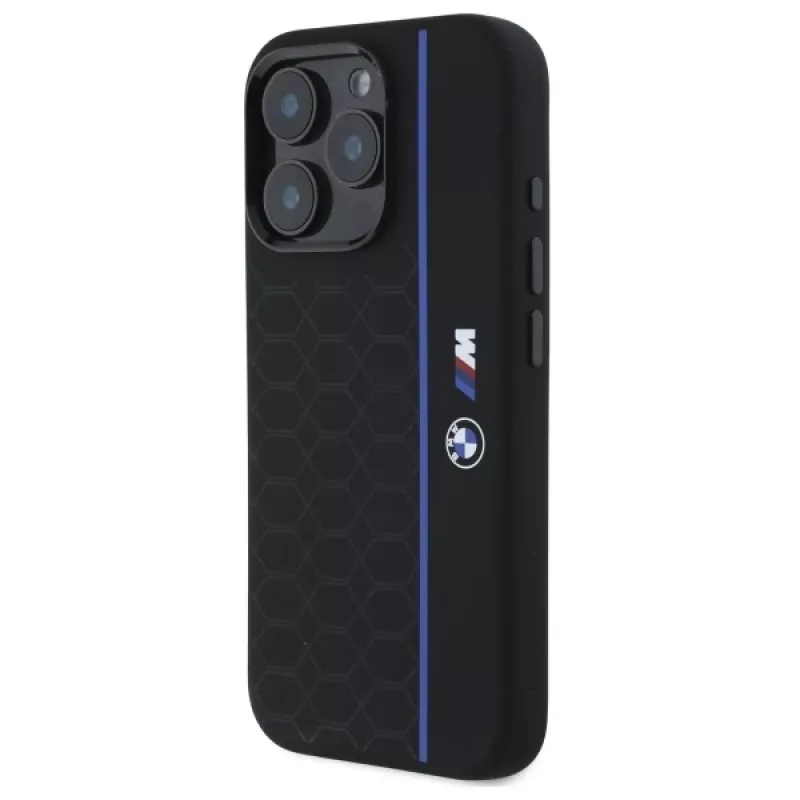 BMW BMHMP16L23SHEB iPhone 16 Pro pevné puzdro silikónové Hexagon Blue Line MagSafe čierna