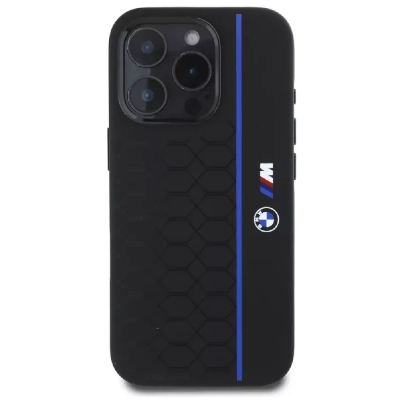 BMW BMHMP16L23SHEB iPhone 16 Pro pevné puzdro silikónové Hexagon Blue Line MagSafe čierna