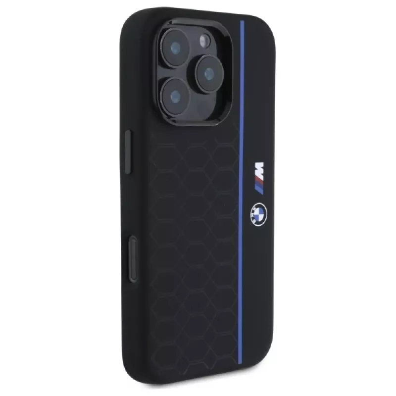 BMW BMHMP16L23SHEB iPhone 16 Pro pevné puzdro silikónové Hexagon Blue Line MagSafe čierna