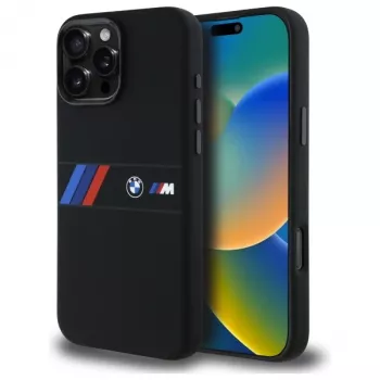 BMW M Collection silikónové pevné puzdro so stredovým pruhom MagSafe pre Apple iPhone 16 Pro Max 6,9 palca čierne