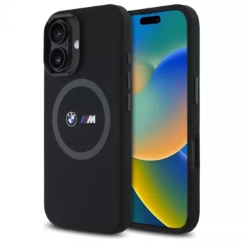 BMW M Collection silikónový kryt zadnej strany pre Apple iPhone 16 6,1 palca čierny s MagSafe a potlačeným krúžkom