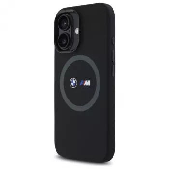 BMW M Collection silikónový kryt zadnej strany pre Apple iPhone 16 6,1 palca čierny s MagSafe a potlačeným krúžkom