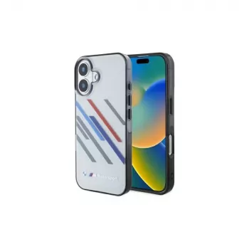 BMW pevné puzdro pre iPhone 16 Plus 6,7 palca sivé Motorsport IML Random Stripes