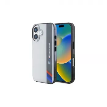 BMW BMHCP16S23HTFEG iPhone 16 6,1 palca sivé pevné puzdro Motorsport IML vertikálne pruhy