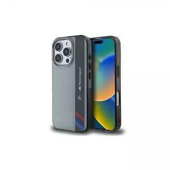 BMW Motorsport pevné puzdro pre Apple iPhone 16 Pro 6,3 palca sivé IML Vertical Stripe