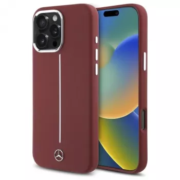 Mercedes-Benz silikónové puzdro pre iPhone 16 Pro Max 6,9 palca červené s bielym pruhom MagSafe