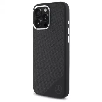 Mercedes-Benz iPhone 16 Pro 6,3 palca silikónové pevné puzdro s tónovaným logom a drevodekorom, MagSafe - čierne