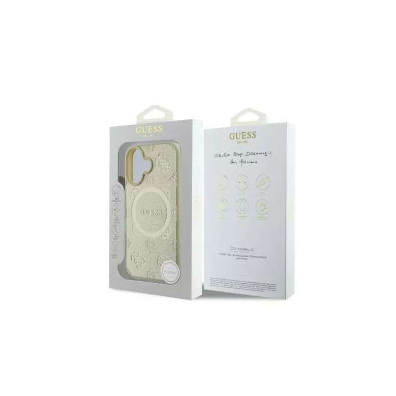 Guess Saffiano Peony Classic Logo MagSafe puzdro pre iPhone 16 (zlaté)