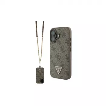 Guess GUHCP16SP4TDSCPW iPhone 16 6.1 pevné puzdro kožené kovové logo Strass Crossbody hnedé