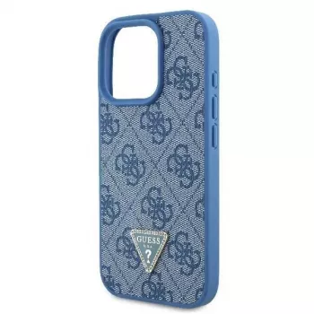 Guess GUHCP16LP4TDSCPB iPhone 16 Pro 6,3 palca modré kožené pevné puzdro s kovovým logom, kamienkami Strass a popruhom cez rameno