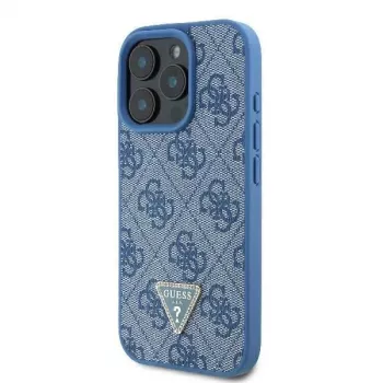 Guess GUHCP16LP4TDSCPB iPhone 16 Pro 6,3 palca modré kožené pevné puzdro s kovovým logom, kamienkami Strass a popruhom cez rameno