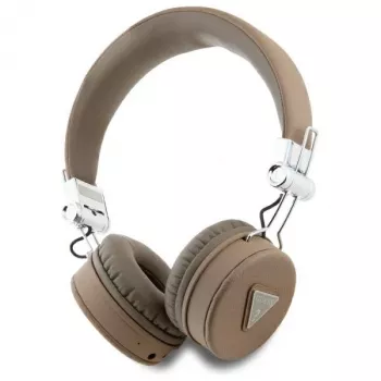 Guess Grained Classic Round Shape bezdrôtové Bluetooth náhlavné slúchadlá s ENC, hnedé