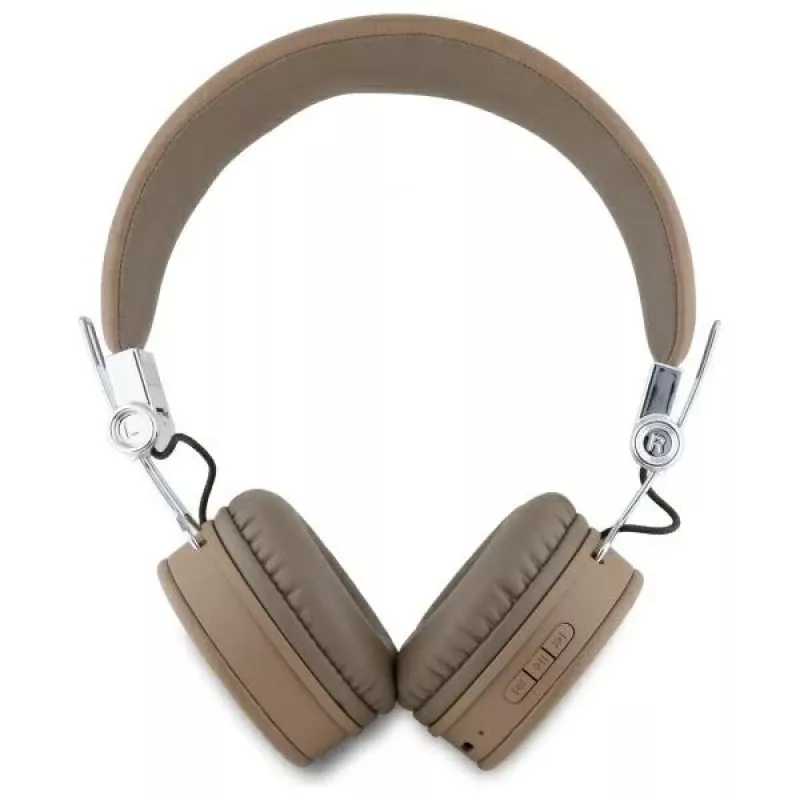 Guess Grained Classic Round Shape bezdrôtové Bluetooth náhlavné slúchadlá s ENC, hnedé