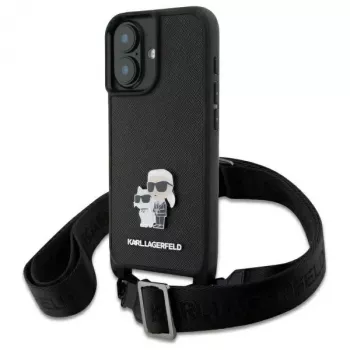 Karl Lagerfeld Saffiano Karl & Choupette Metal Pin CBDY Strap pevné puzdro pre iPhone 16 6,1, čierna