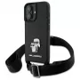 Karl Lagerfeld Saffiano Karl & Choupette Metal Pin CBDY Strap pevné puzdro pre iPhone 16 6,1, čierna