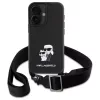 Karl Lagerfeld Saffiano Karl & Choupette Metal Pin CBDY Strap pevné puzdro pre iPhone 16 6,1, čierna