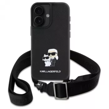Karl Lagerfeld Saffiano Karl & Choupette Metal Pin CBDY Strap pevné puzdro pre iPhone 16 6,1, čierna
