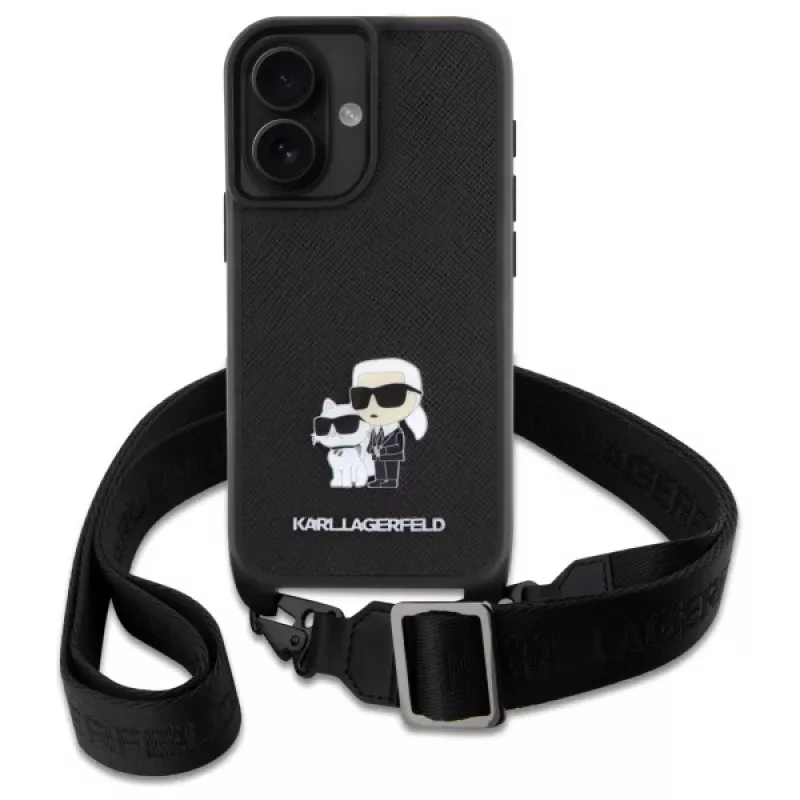 Karl Lagerfeld Saffiano Karl & Choupette Metal Pin CBDY Strap pevné puzdro pre iPhone 16 6,1, čierna