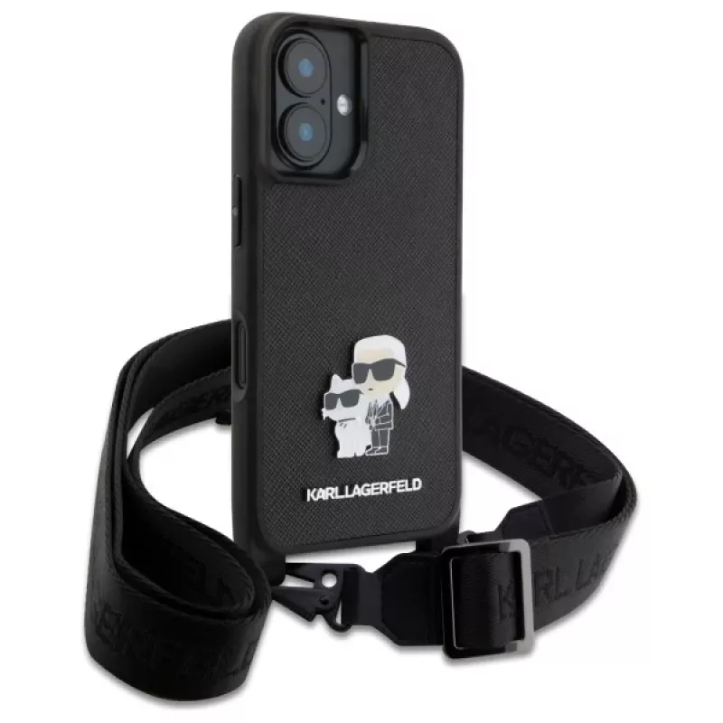 Karl Lagerfeld Saffiano Karl & Choupette Metal Pin CBDY Strap pevné puzdro pre iPhone 16 6,1, čierna