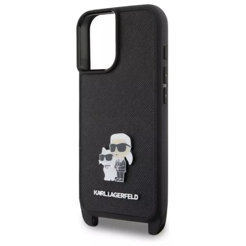 Karl Lagerfeld Saffiano Karl & Choupette Metal Pin CBDY Strap pevné puzdro pre iPhone 16 6,1, čierna