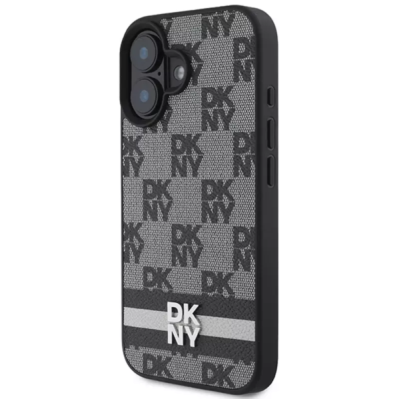 DKNY DKHCP16SPCPTSSK pevné puzdro pre Apple iPhone 16 6,1 palca károvaný vzor a potlačené pruhy čierna