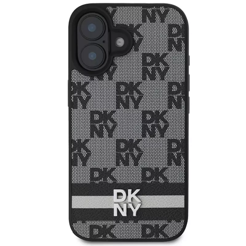 DKNY DKHCP16SPCPTSSK pevné puzdro pre Apple iPhone 16 6,1 palca károvaný vzor a potlačené pruhy čierna