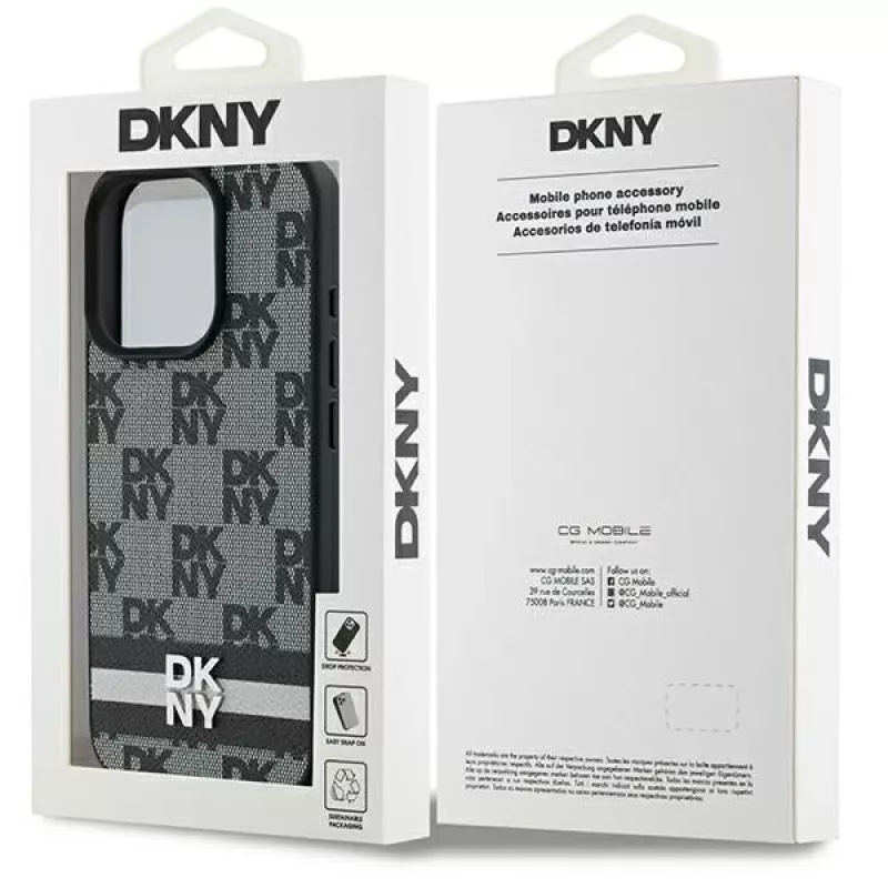 DKNY DKHCP16LPCPTSSK pevné puzdro pre Apple iPhone 16 Pro 6,3 palca čierna károvaný vzor a potlačené pruhy