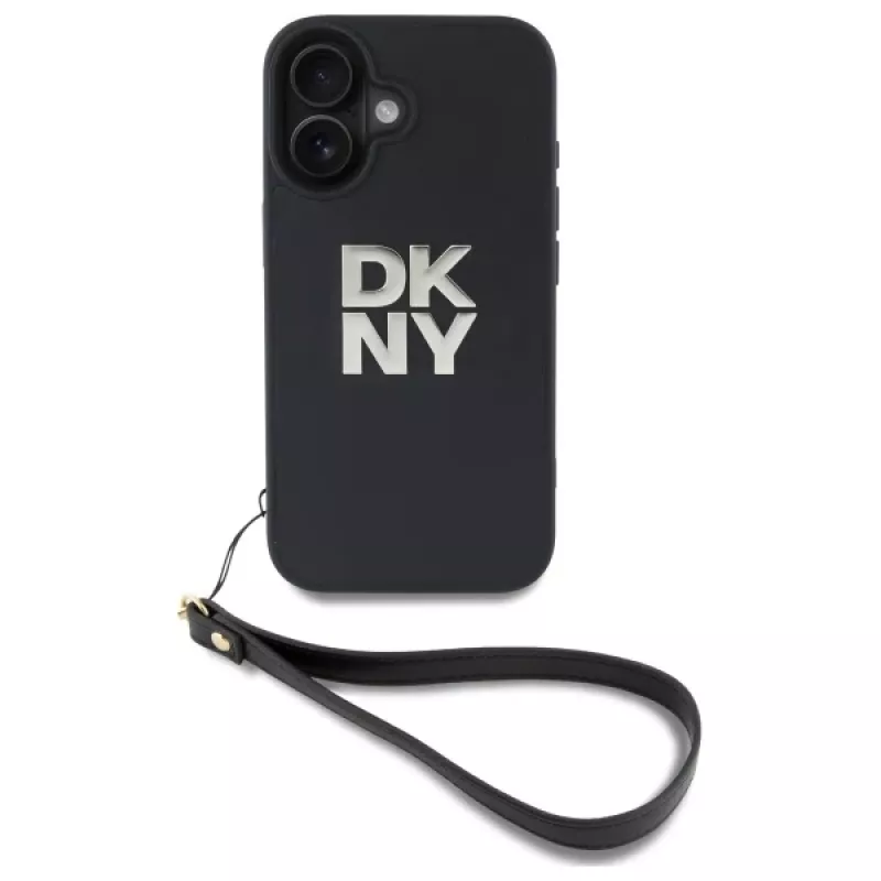 DKNY DKHCP16SPBSWSK pevné puzdro pre Apple iPhone 16 6,1 palca čierna s pútkom na ruku